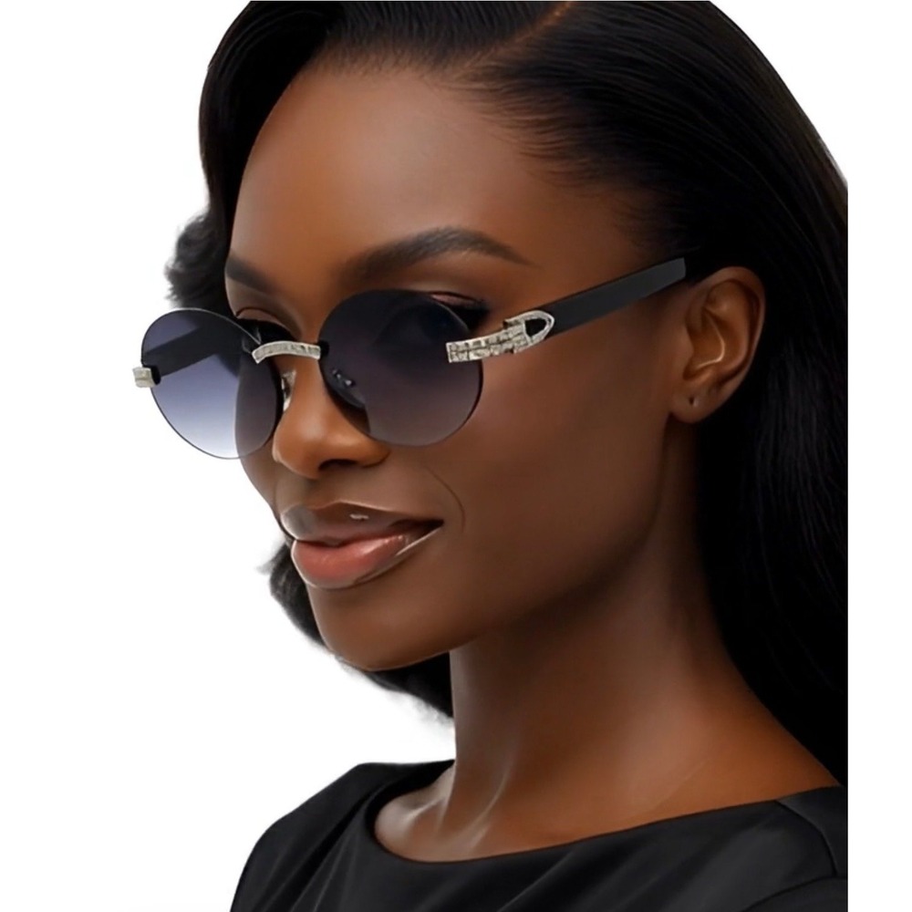 Women Rimless Round Sunglasses Grey Gradient Lens Silver Wood Temple Eyewear New